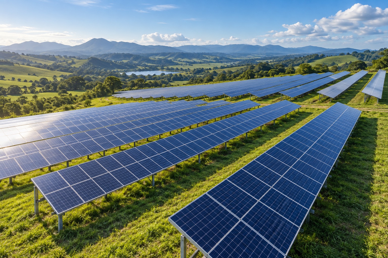 Imagem ilustrativa de uma usina solar entre montanhas e áreas verdes